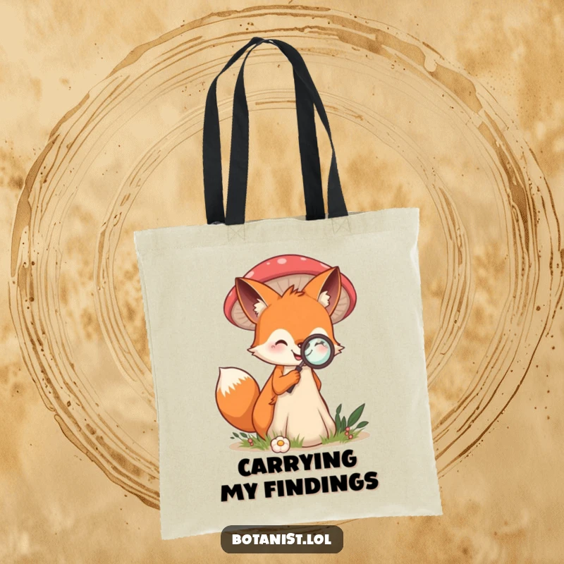 Funny tote bag showing a smiling fox using a magnifying glass to examine a giant mushroom, ready for discovery.
