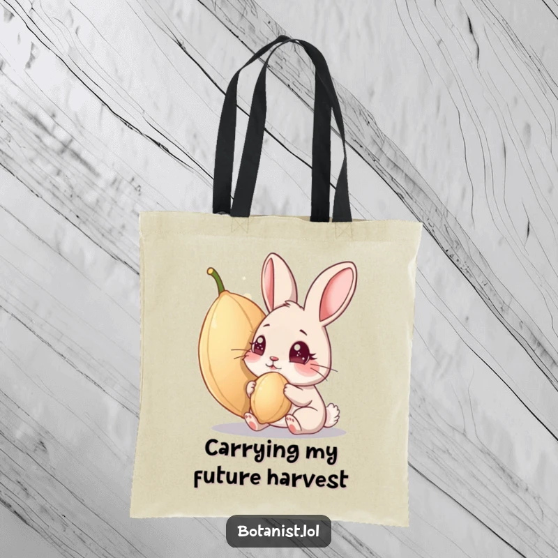 Funny tote bag: A whimsical rabbit gazes at an enormous seed, sparkling eyes full of curiosity. An eco-friendly and funny gift for all.