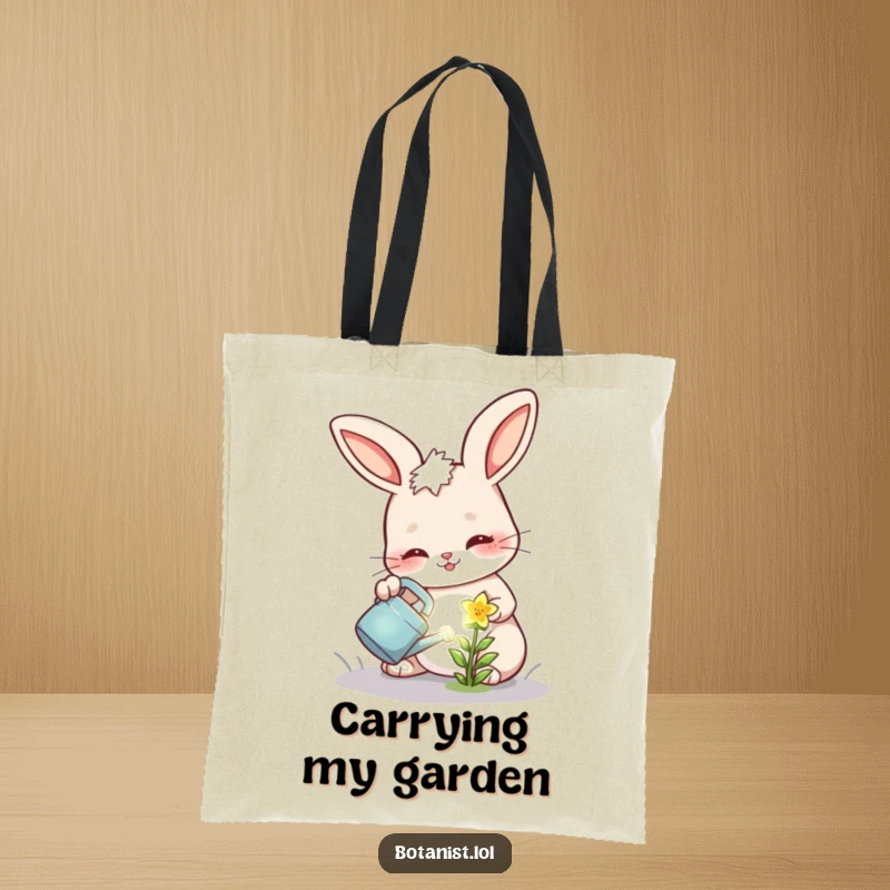 Funny tote bag showing a cheerful bunny with a determined expression, watering a tiny, glowing flower.
