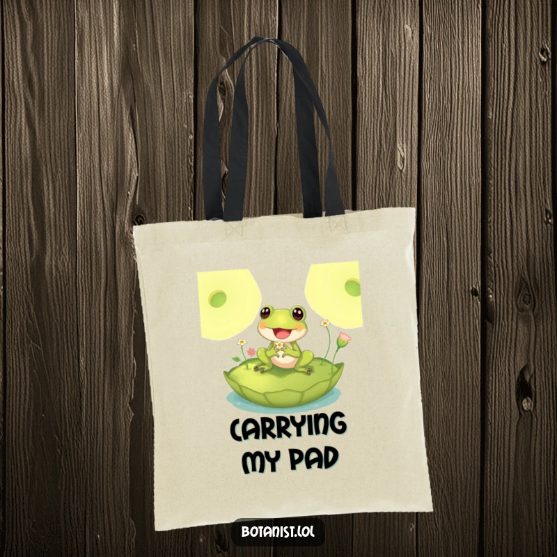 Funny tote bag with a delighted frog sitting on a giant lily pad, inspecting tiny flowers, perfect for carrying essentials with pondside humor.