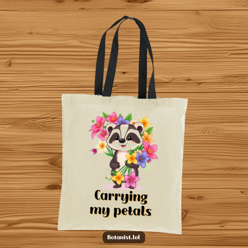 Funny happy badger tote bag carrying a huge exotic flower bouquet, a humorous and practical accessory.