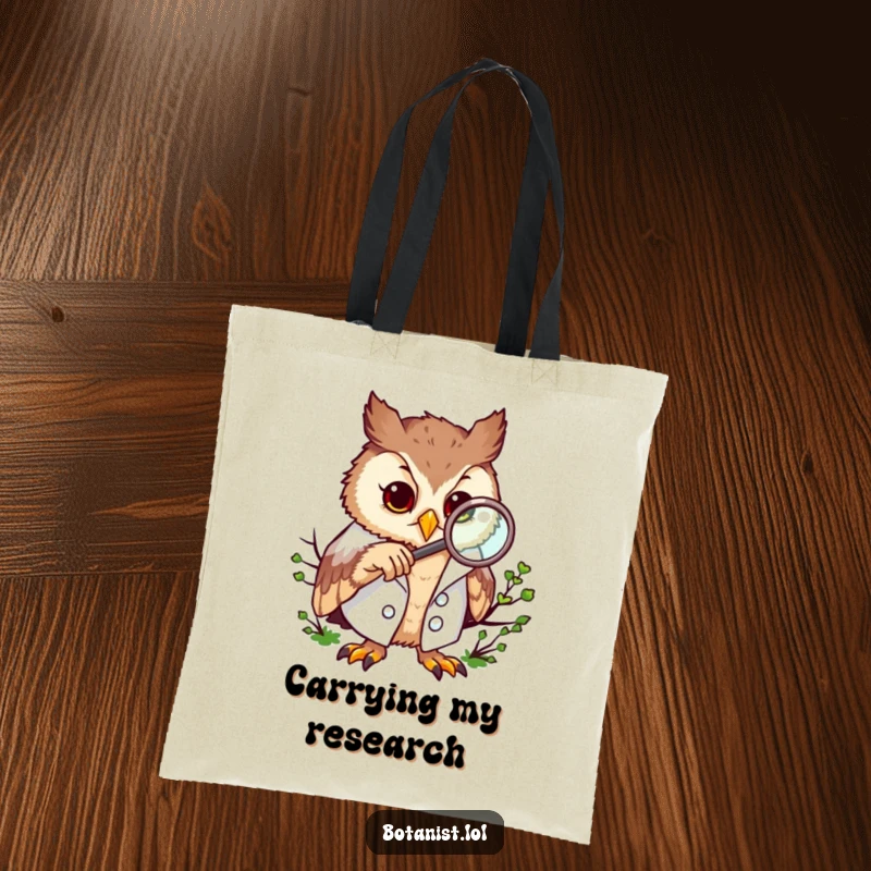 Funny owl tote bag, wearing a lab coat, examining moss with a magnifying glass, showcasing a scientific quest.