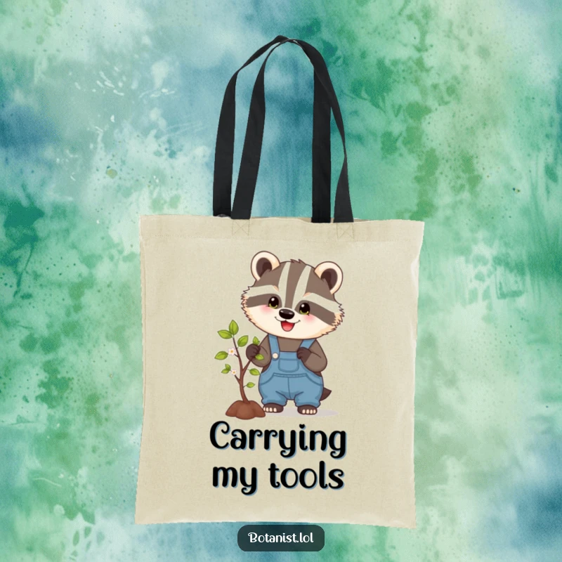 Funny tote bag featuring a happy badger in overalls, pruning a small tree, a charming and humorous accessory for garden enthusiasts.