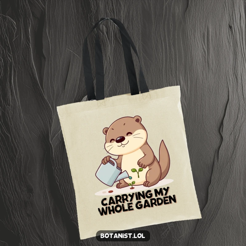 Funny tote bag featuring a playful otter tending to a tiny seedling with a watering can, a charming and humorous accessory.