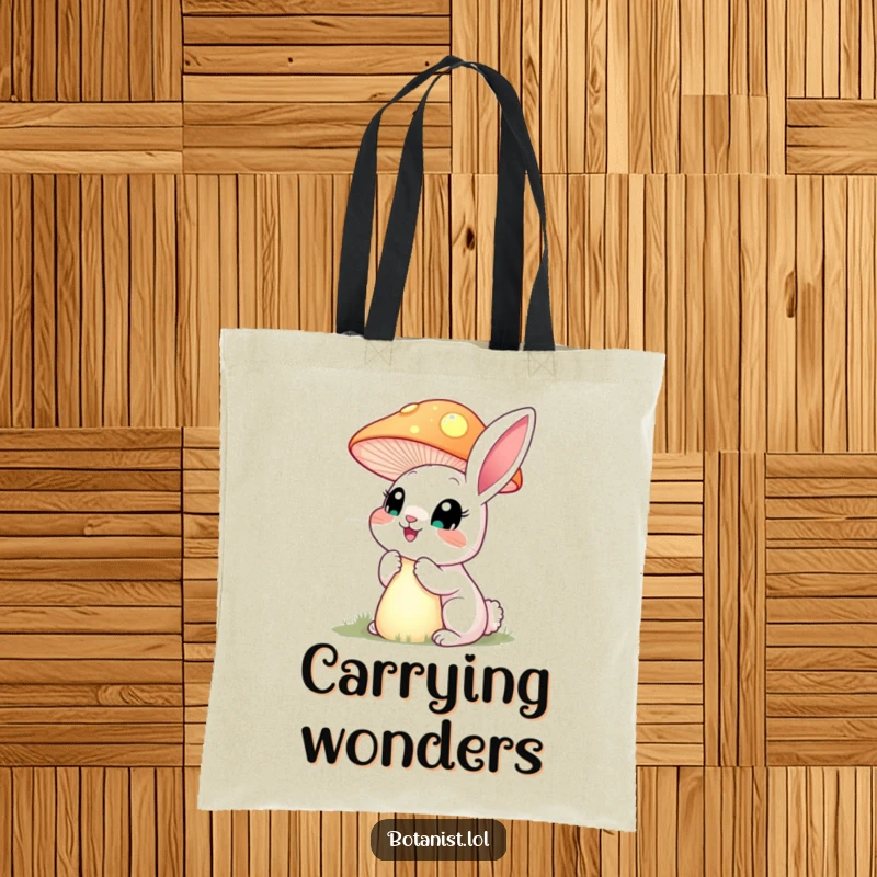 Funny happy rabbit with wide eyes, captivated by a towering, glowing mushroom, displayed on a spacious tote bag.