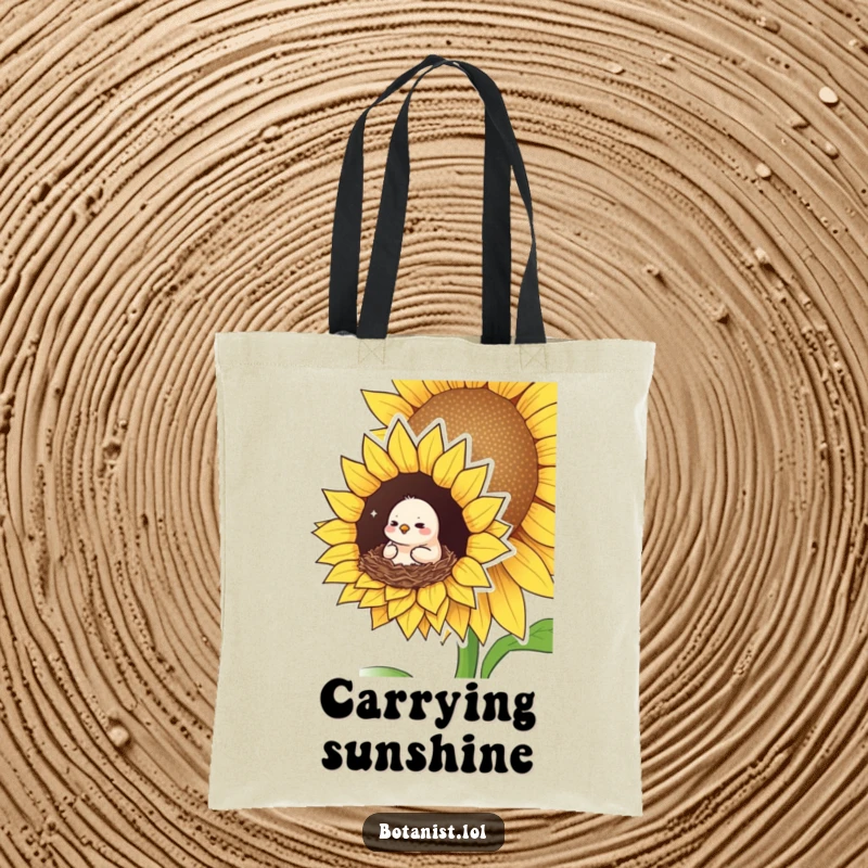 Funny tote bag showcasing a small bird looking pleased and cozy, nesting in a giant sunflower, a charming and humorous accessory.