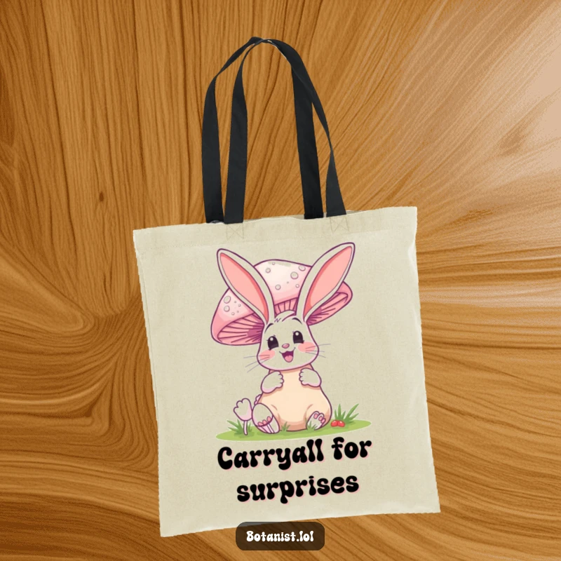 Funny tote bag featuring a delighted bunny staring in shock at a colossal, surreal mushroom.
