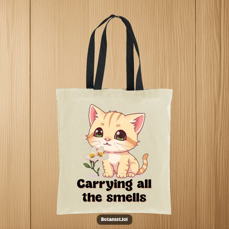 Funny tote bag depicting a curious cat sniffing a dewy blossom, eyes wide with pure, delightful wonder.