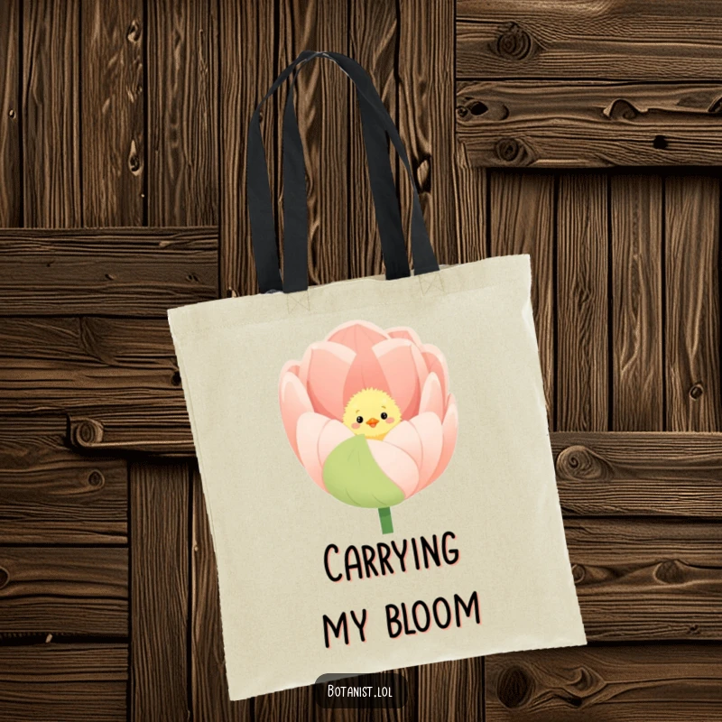 Funny tote bag illustration of a fluffy chick peeking from inside a large, blooming tulip.