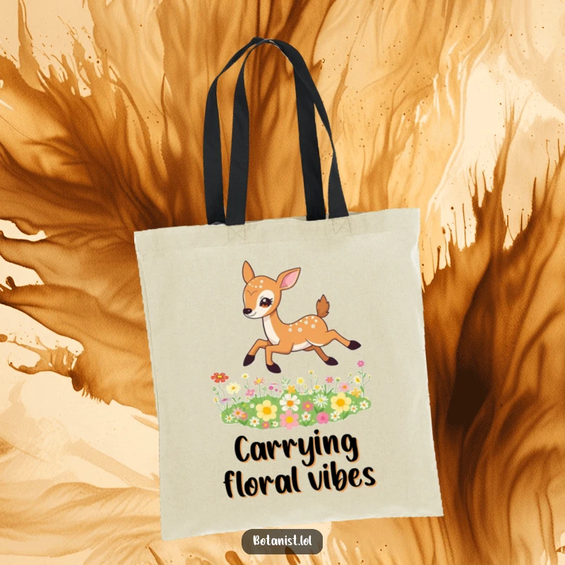 Funny Deer Tote Bag showcasing a graceful deer leaping over a vibrant field of blooming wildflowers, with sparkling, joyful eyes.