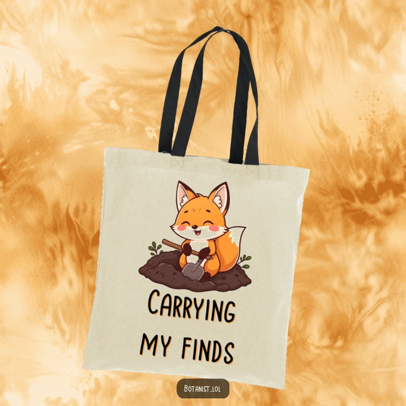 Funny fox gardener tote bag, a joyful fox holding a trowel and digging in rich dark soil, perfect for shopping.