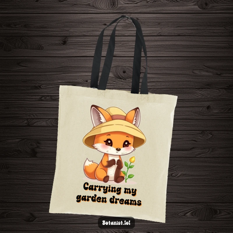 Funny fox tote bag, wearing a sunhat, curiously examining a tiny sprout with delight, ready for outdoor adventures.
