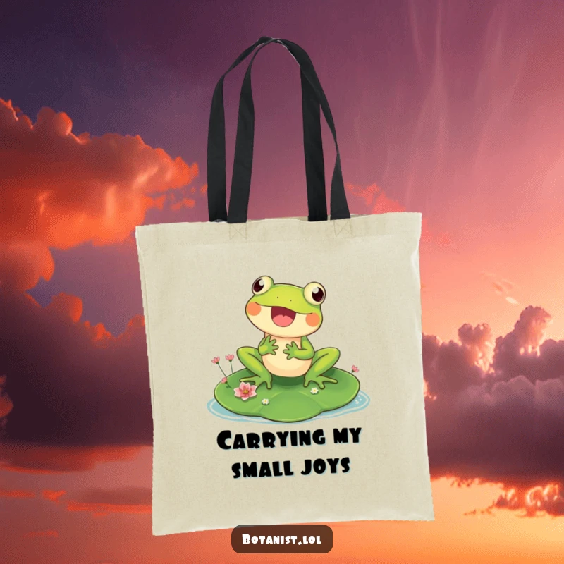 Funny tote bag with a happy frog on a lily pad, inspecting small flowers, a charming and humorous accessory for nature lovers.