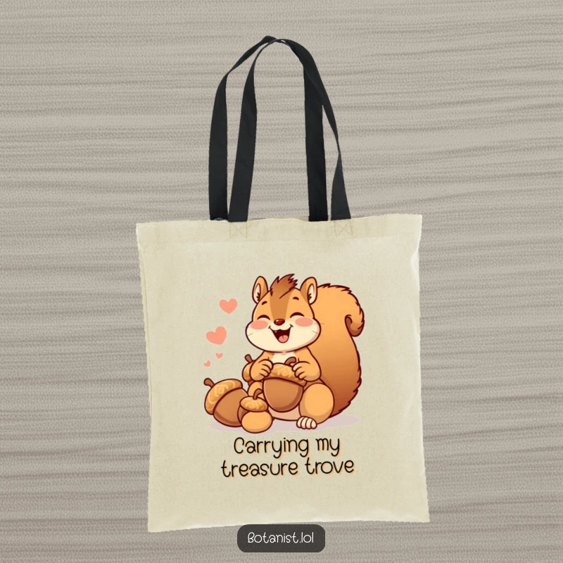 Funny giggling squirrel tote bag, joyfully collecting giant acorns, a humorous and practical accessory.
