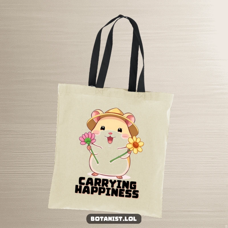 Funny tote bag showcasing a chubby hamster in a straw hat, excitedly presenting a blooming flower, a charming and humorous accessory for carrying essentials.