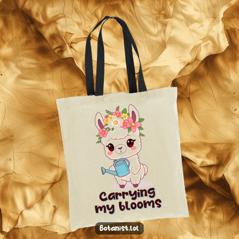Funny Tote Bag: A proud llama wearing a flower crown holds a watering can, charmingly ready for garden tasks.