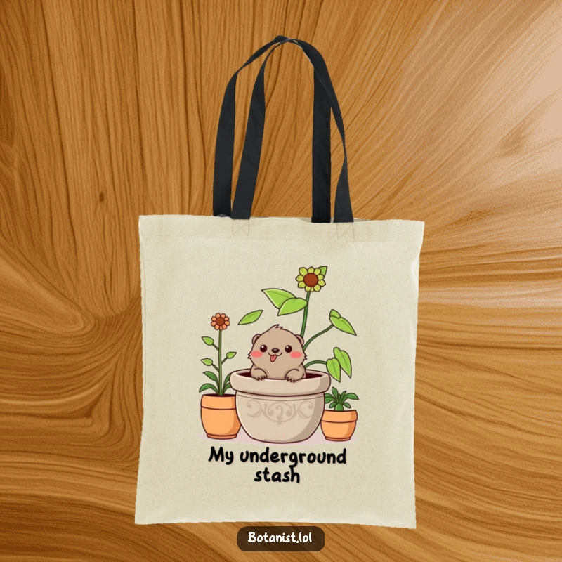 Funny cheerful mole tote bag, emerging from a huge plant, a humorous and practical gardening accessory.