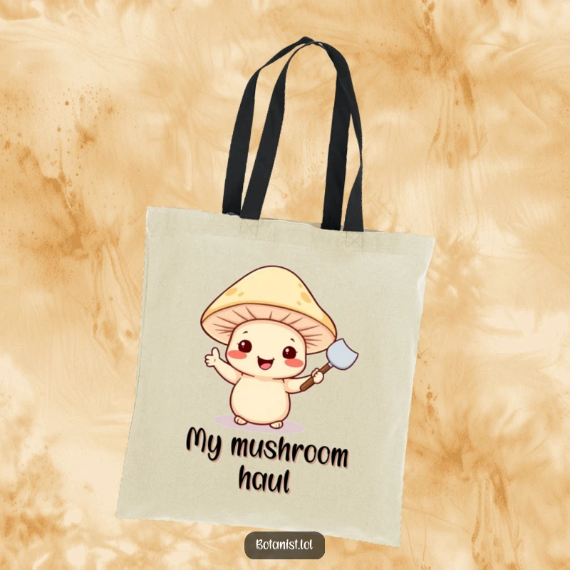 Funny tote bag showing a cheerful mushroom wearing a hat and waving a tiny trowel, set for garden adventures.