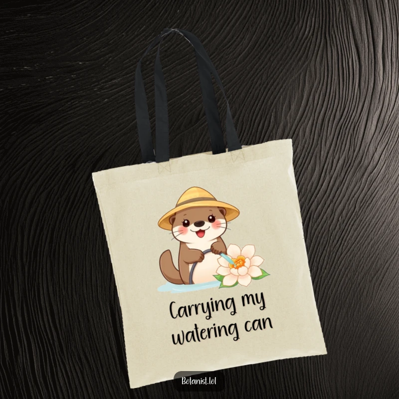 Funny tote bag showing a smiling otter in a straw hat, watering a massive flower, perfect for carrying groceries or garden supplies.