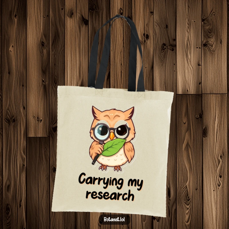 Funny owl detective tote bag, a determined owl wearing a magnifying glass to examine a leaf, practical and intelligent.