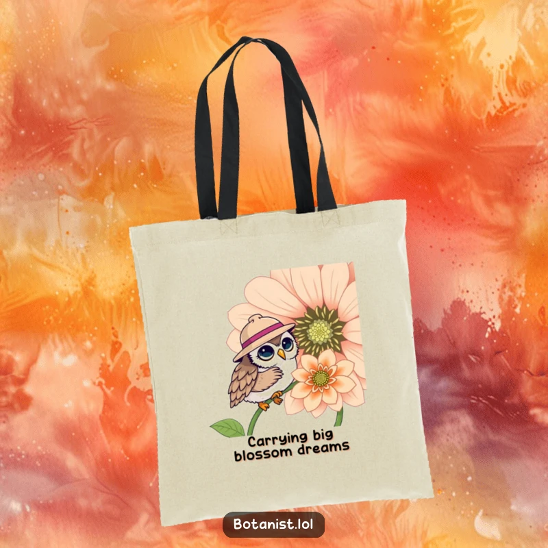 Funny tote bag illustrating a cute owl in a hat, studying a huge, beautifully blooming flower, a stylish funny gift.