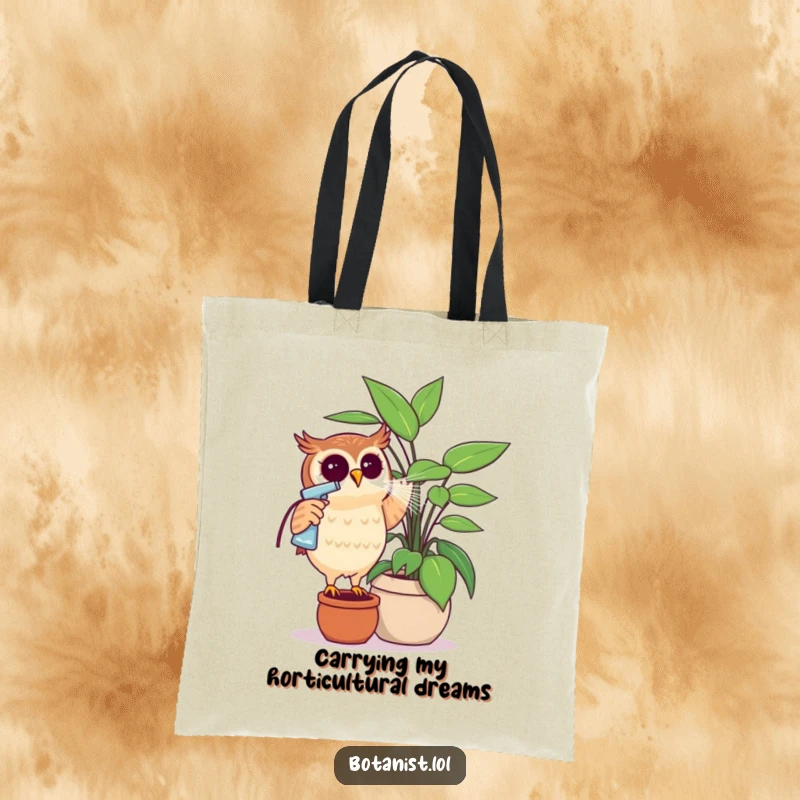 Funny owl with a spray bottle, misting a giant plant. A humorous and practical tote bag for plant lovers.