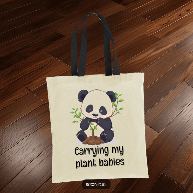 Funny Panda Tote Bag: A diligent panda repots a miniature tree, ideal for carrying essentials with a touch of garden zen.