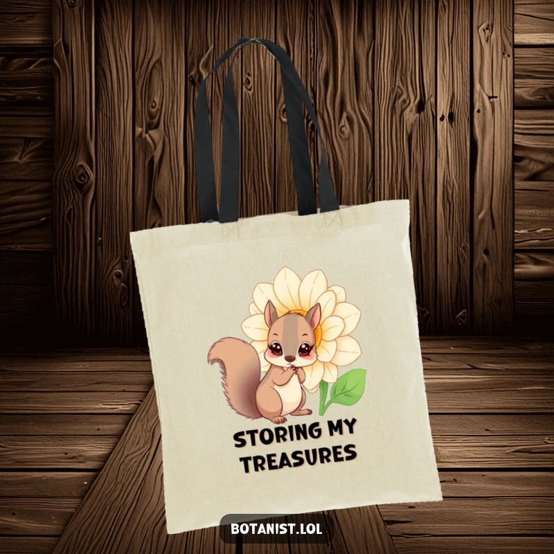 Funny squirrel flower tote bag, a curious squirrel with wide eyes examining a huge blooming flower, perfect for shopping.