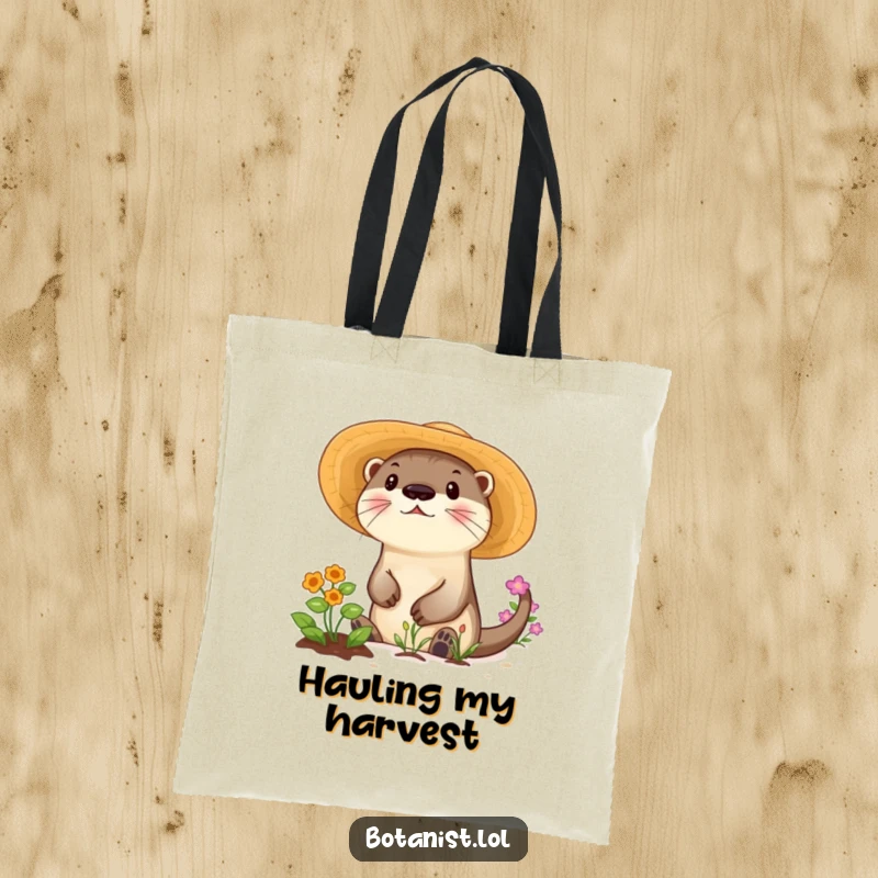 Funny tote bag with a playful otter in a sunhat tending a garden, perfect for carrying groceries.