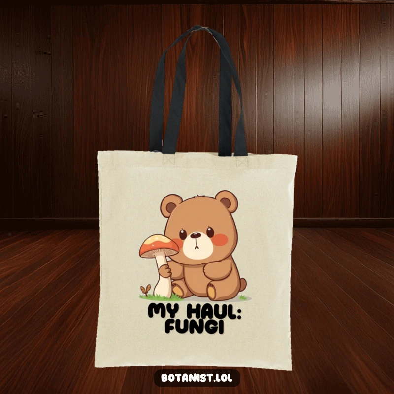 Funny tote bag design of a surprised bear with a curious expression, encountering a giant, intriguing mushroom in its natural habitat.