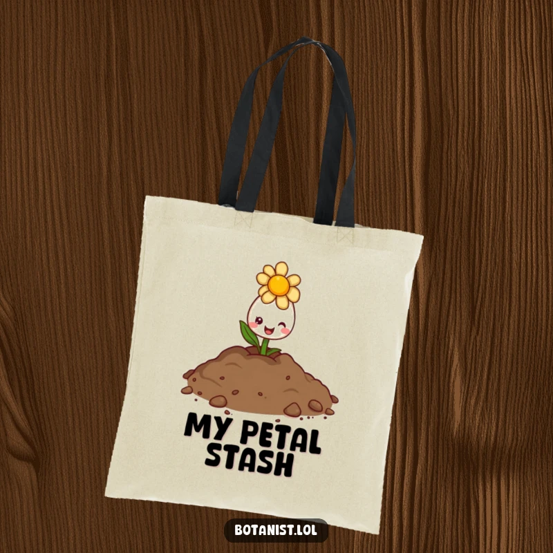 Funny tote bag showing a delighted flower bud peeking from soil with a sunny, smiling expression.