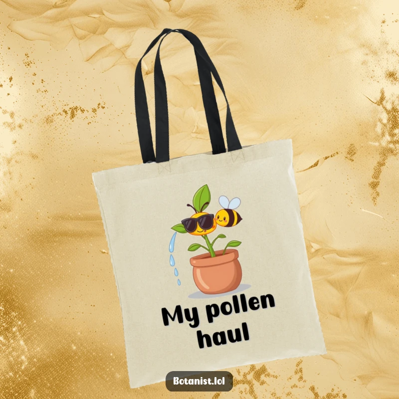 Funny tote bag showing a happy plant with tiny sunglasses being watered by a cheerful, smiling bee.