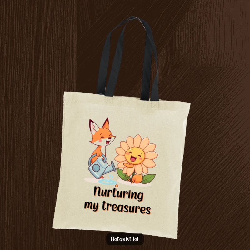 Funny cute fox with a watering can, tending a giant, smiling flower, beautifully displayed on a spacious tote bag.