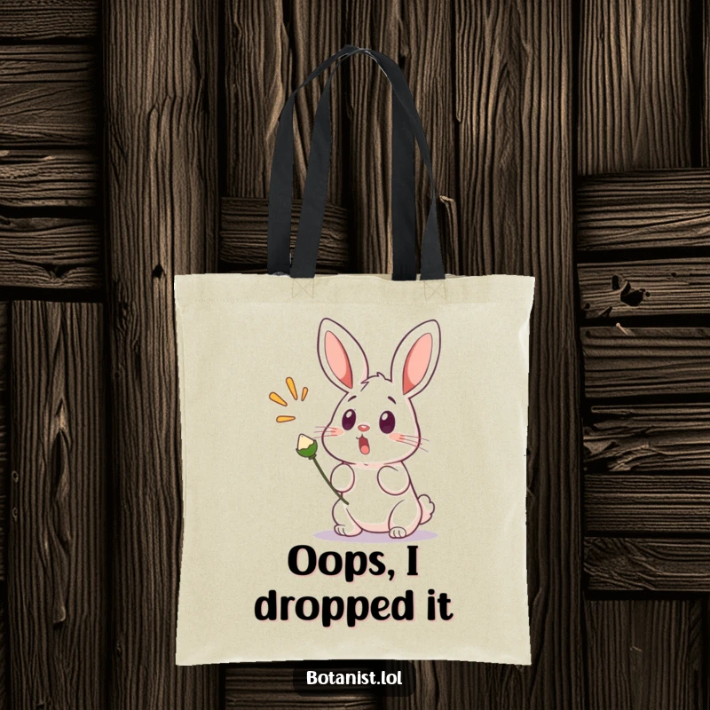 Funny tote bag showing a surprised bunny with wide eyes, startled by a popping seed pod, perfect for carrying essentials with a smile.