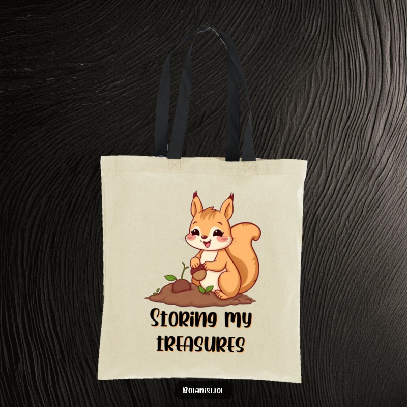 Funny squirrel tote bag, cheerfully planting a tiny acorn with great care and a proud, happy expression.